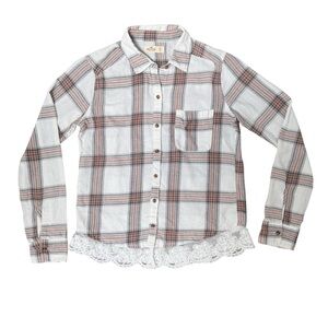 Hollister X-Small White Brown Pink Plaid Button-Down Shirt with Lace Hem